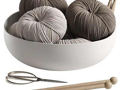 Stylish Decorative Ornament Set With Yarn Balls White Bowl Scissors And Wooden Sticks 3d model