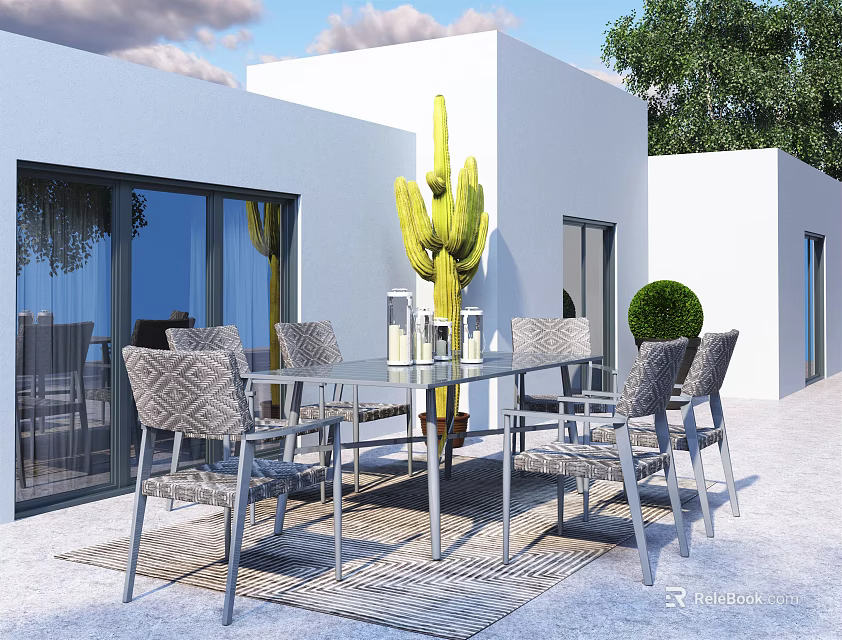 Modern Outdoor Table With Glass Top And Gray Woven Chairs By White Building 3d model 