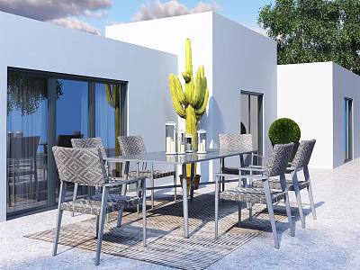 Modern Outdoor Table With Glass Top And Gray Woven Chairs By White Building 3d model