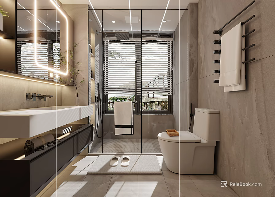 Modern Bathroom Interior Design With Open Shower Glass Partition Marble Walls White Toilet And Vanity 3d model 