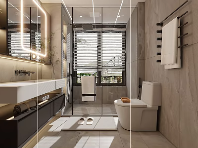 Modern Bathroom Interior Design With Open Shower Glass Partition Marble Walls White Toilet And Vanity 3d model