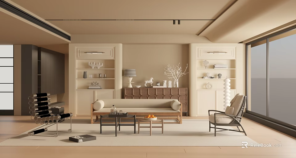 Neutral Tones Living Room Interior With Beige Sofa Coffee Table Lamp And Storage Cabinets 3d model 