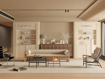 Neutral Tones Living Room Interior With Beige Sofa Coffee Table Lamp And Storage Cabinets 3d model