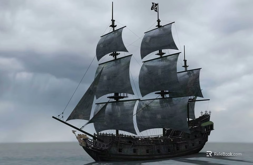 Classic Sailing Ship With Billowing Sails Sailing Under Cloudy Sky On Calm Sea 3d model 
