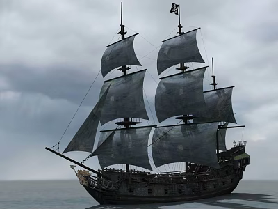 Classic Sailing Ship With Billowing Sails Sailing Under Cloudy Sky On Calm Sea 3d model