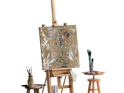 Art Supplies and Musical Instruments Setup With Easel Canvas Paintbrushes and Paints 3d model