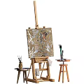 Art Supplies and Musical Instruments Setup With Easel Canvas Paintbrushes and Paints