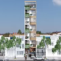 Modern Tall Building Surrounded By Low Rise White Buildings Trees Pedestrians And Cars On Street