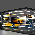 Modern Car Exhibition Booth Featuring White And Yellow Cars With Display Screens And Circuit Lines