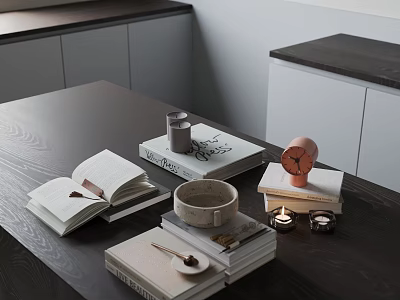 Minimalist Decorative Ornament Set With Open Book Stacked Books Bowl Candle Holder And Clock 3d model