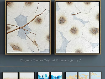 Elegant Framed Paintings Set of 2 With White Flowers Brown Branches And Light Blue Background 3d model