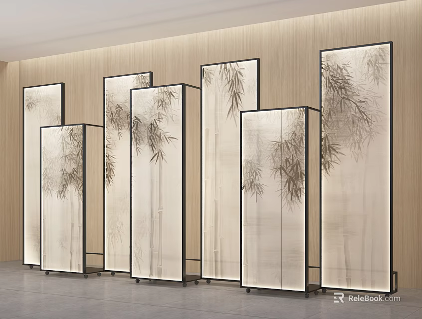 Modern Bamboo Pattern Screens with Sheer Fabric and Wood Frame for Interior Decor 3d model 
