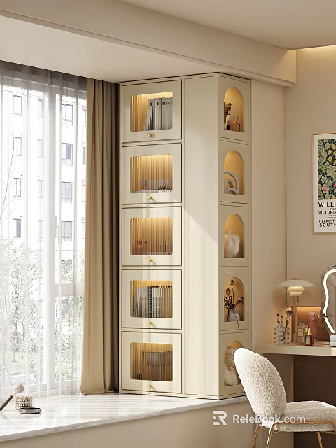 Modern Display Cabinet With Glass Doors Layered Shelves Built-in Lighting Near Window Curtains And Decor Items 3d model 