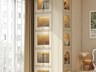 Modern Display Cabinet With Glass Doors Layered Shelves Built-in Lighting Near Window Curtains And Decor Items 3d model