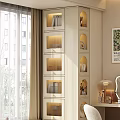 Modern Display Cabinet With Glass Doors Layered Shelves Built-in Lighting Near Window Curtains And Decor Items