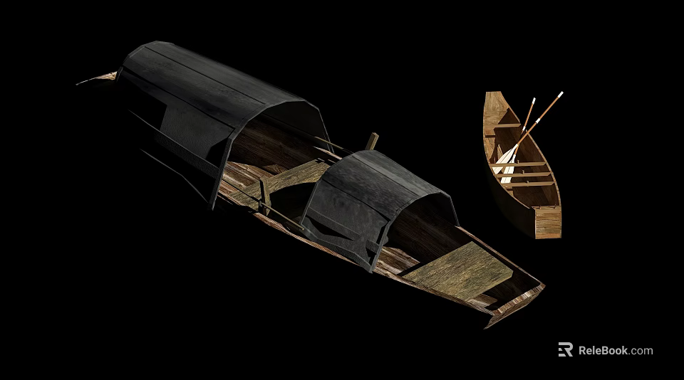 Large Wooden Boat With Black Canopy And Small Dinghy With Oars 3d model 
