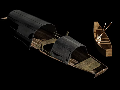 Large Wooden Boat With Black Canopy And Small Dinghy With Oars 3d model