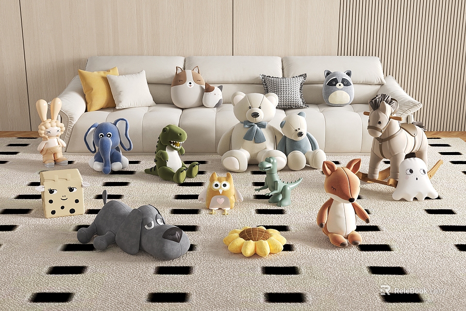 Assorted Plush Animal Toys In Living Room With Sofa And Rug 3d model 