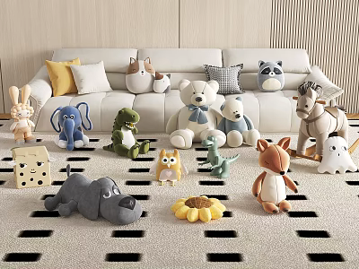 Assorted Plush Animal Toys In Living Room With Sofa And Rug 3d model