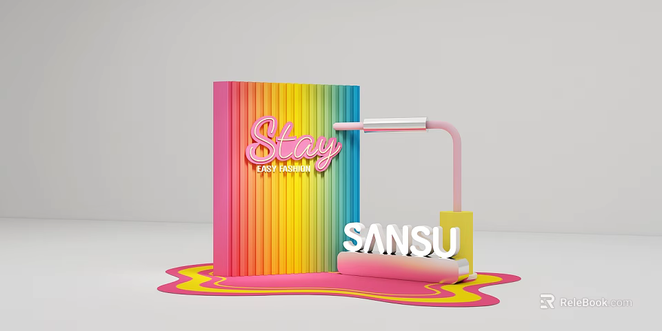 Vibrant Photo Spot With Colorful Stripes Pink Stay Get Fashion Letters And Sansu Sign 3d model 