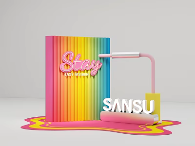 Vibrant Photo Spot With Colorful Stripes Pink Stay Get Fashion Letters And Sansu Sign 3d model