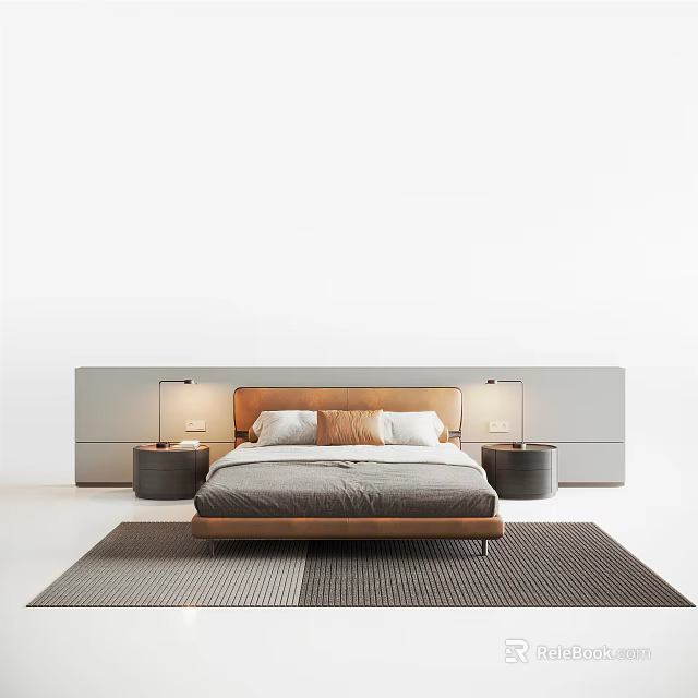 Modern Double Bed Interior With Upholstered Headboard Bedside Tables And Table Lamps 3d model 