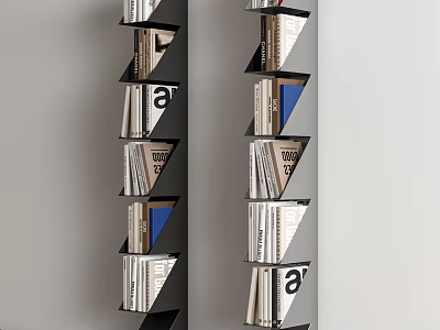 Modern Geometric Bookcase With Black Shelves Filled With Books And Magazines 3d model
