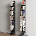 Modern Geometric Bookcase With Black Shelves Filled With Books And Magazines