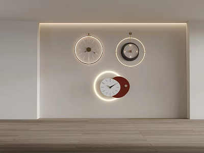 Modern Decorative Clocks in Three Stylish Designs Hanging on White Minimalist Wall 3d model