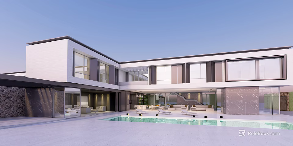 Modern Detached Villa Exterior Design With Swimming Pool And Large Glass Windows 3d model 