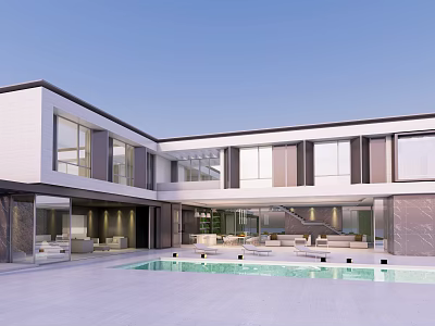 Modern Detached Villa Exterior Design With Swimming Pool And Large Glass Windows 3d model