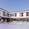 Modern Detached Villa Exterior Design With Swimming Pool And Large Glass Windows