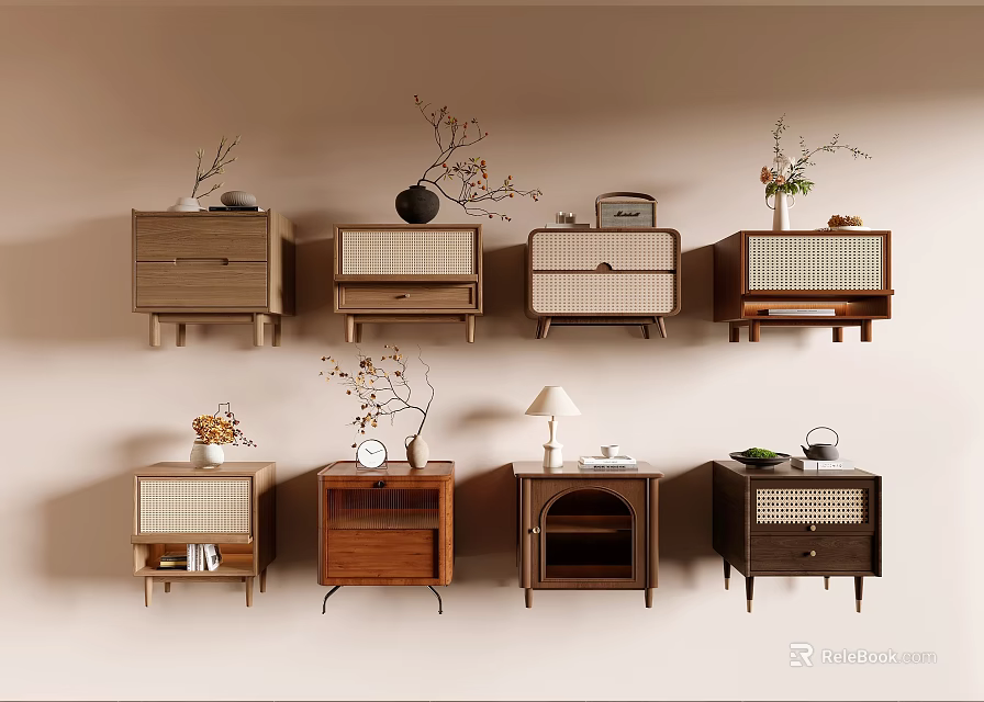 Stylish Modern Bedside Tables Interior Design With Wooden Storage Drawers And Decorative Plants 3d model 