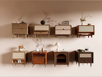 Stylish Modern Bedside Tables Interior Design With Wooden Storage Drawers And Decorative Plants 3d model