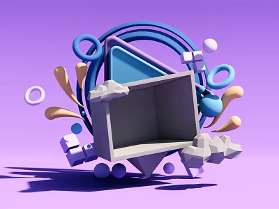 Modern 3D Geometric Display Frame With Abstract Shapes And Purple Background Decorative Elements 3d model