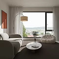 Modern Beige Sofa And Coffee Table Set With Floor Lamp Geometric Artwork And Dried Flowers