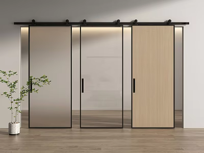 Modern Interior Barn Door With Glass And Wooden Panels Sliding Track Design 3d model