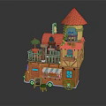 Cartoon Orange House with Red Roof Balcony Green Plants Awning and Tables Chairs on Terrace