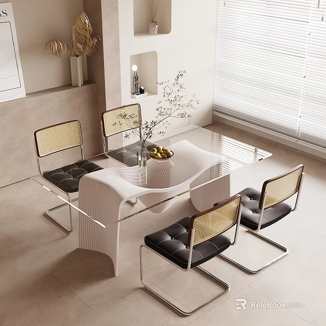 Modern Glass Top Dining Table Set With Leather Chairs And Flower Vase 3d model 