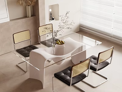 Modern Glass Top Dining Table Set With Leather Chairs And Flower Vase 3d model