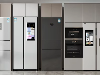 Modern Upright Refrigerators And Freezers In Various Colors With Sleek Design And Display Panels 3d model