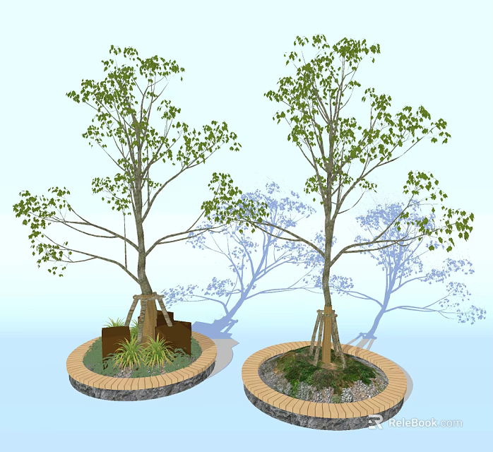 Lush Arbor Trees In Circular Brick Pits With Green Foliage And Shadows 3d model 