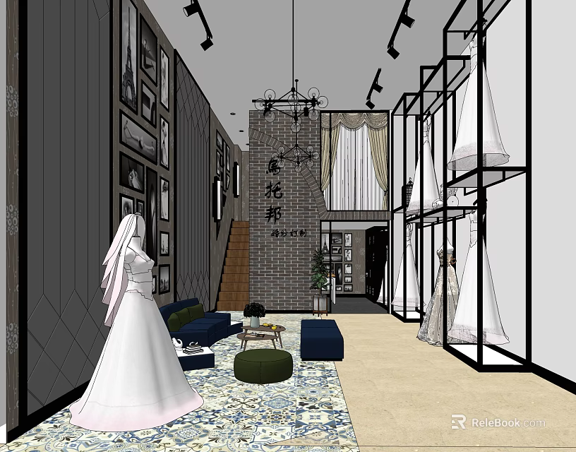 Bridal Shop Interior With White Wedding Dresses Display Brick Wall Chandelier And Sofa 3d model 