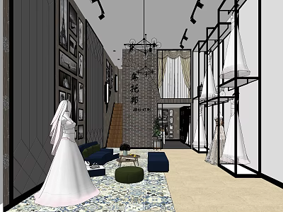 Bridal Shop Interior With White Wedding Dresses Display Brick Wall Chandelier And Sofa 3d model