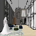 Bridal Shop Interior With White Wedding Dresses Display Brick Wall Chandelier And Sofa