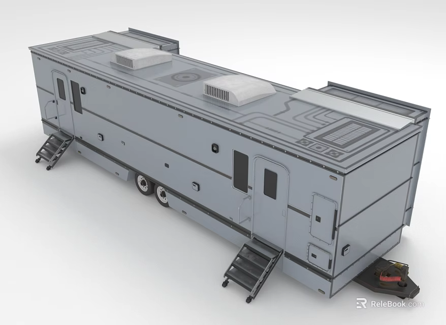 Gray Commercial Mobile Trailer With Side Staircases And Roof Vents Design 3d model 