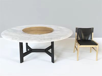 Round Marble Dining Table With Wooden Center And Black Leather Chair Gold Frame Modern Design 3d model