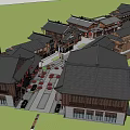 Traditional Architecture Commercial Street With Tiled Roofs Red Umbrellas And Shops