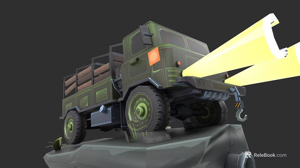 Green Military Truck With Open Cargo Bed And Yellow Spotlight On Rocky Platform 3d model 