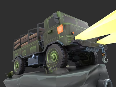 Green Military Truck With Open Cargo Bed And Yellow Spotlight On Rocky Platform 3d model